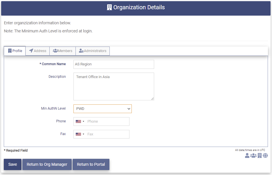 Create Org Details Filled In