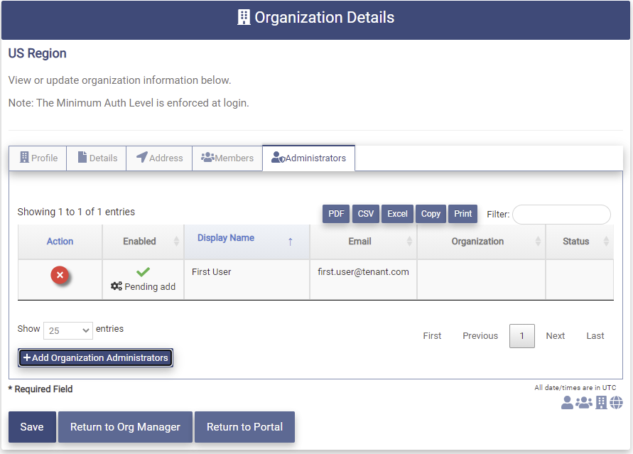 Modify Org Admin Pending Add