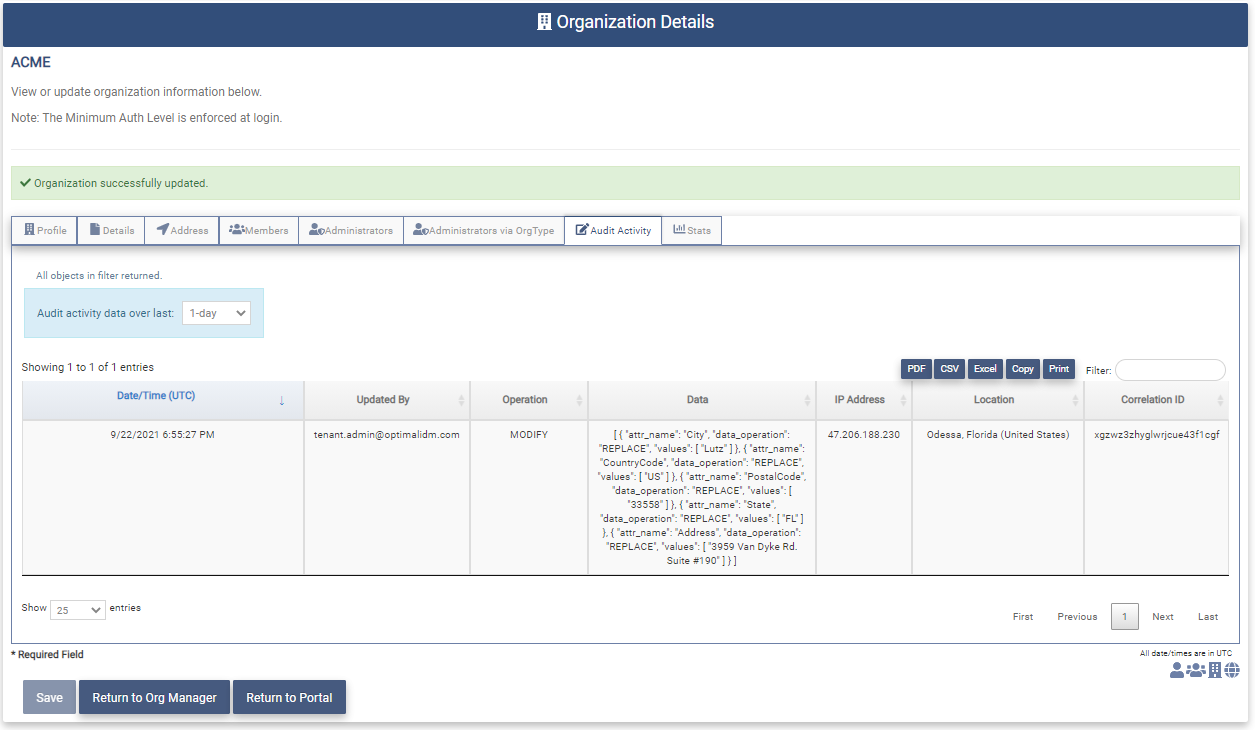Modify Org Audit Activity tab