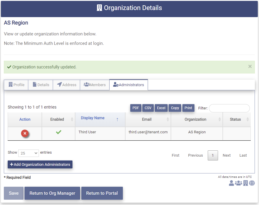 Modify Org Remove Admin Success
