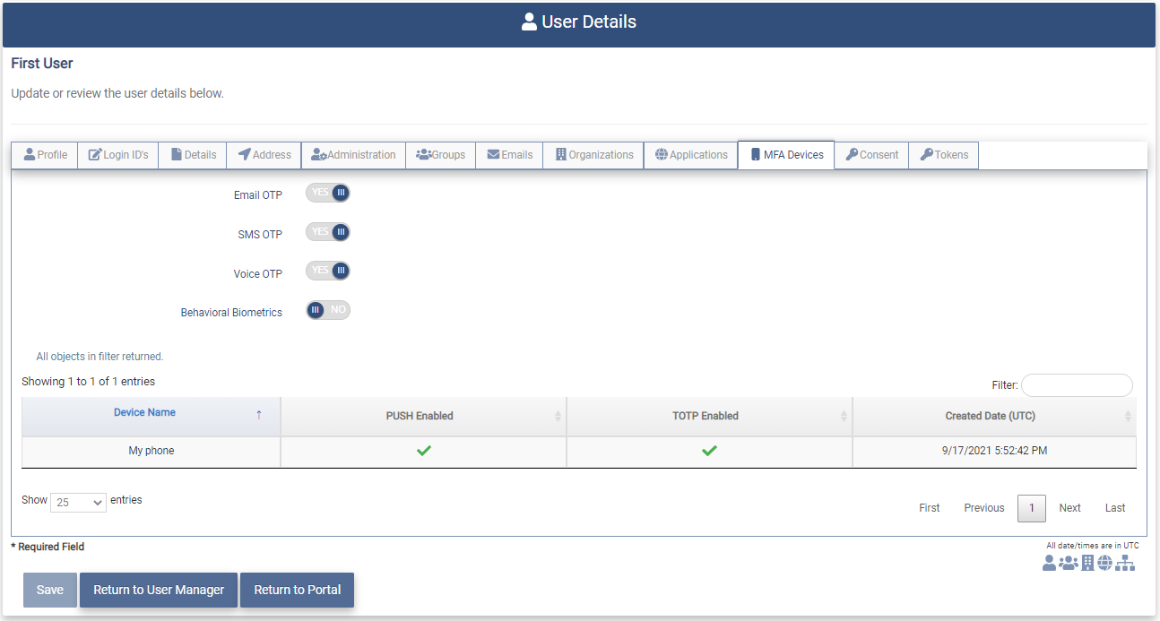 Modify User MFA Devices Tab