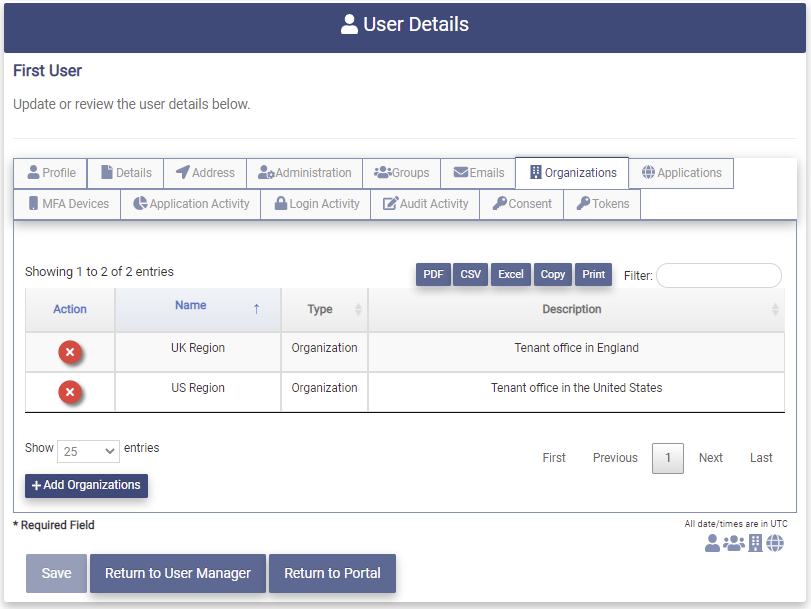 Modify User Remove Org