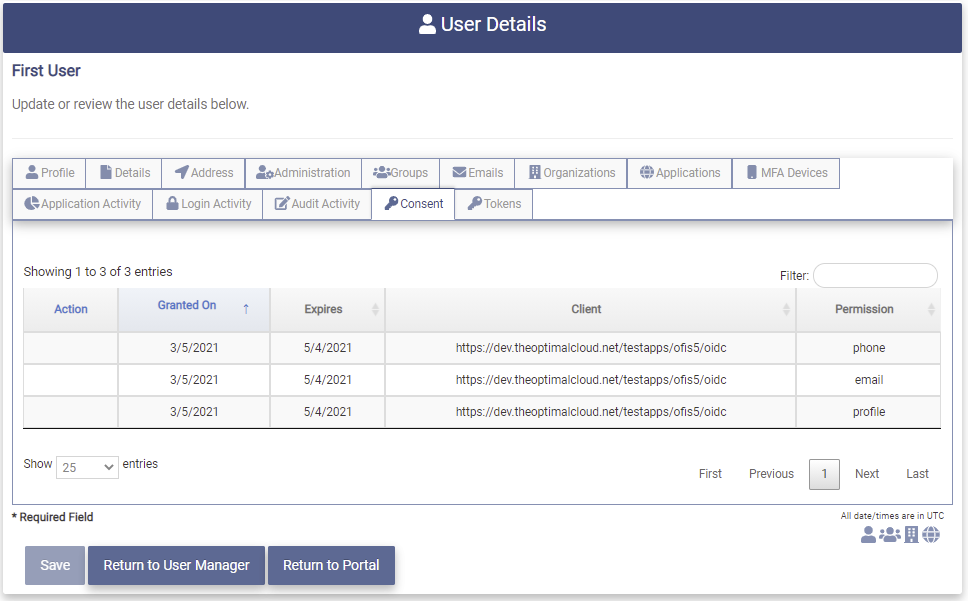 User Details Consents Tab