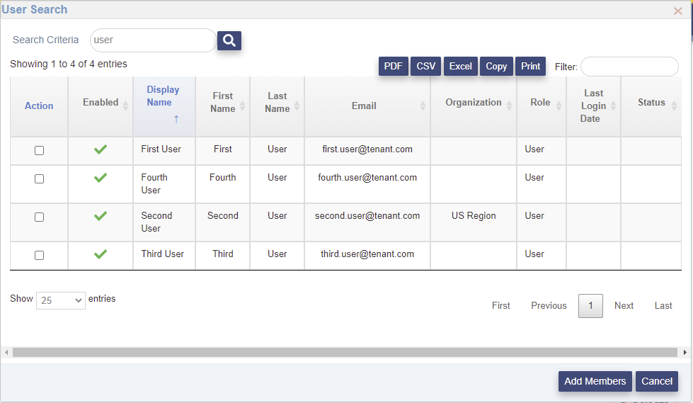 User Search page