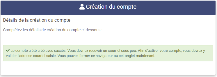 Account Registration Success msg